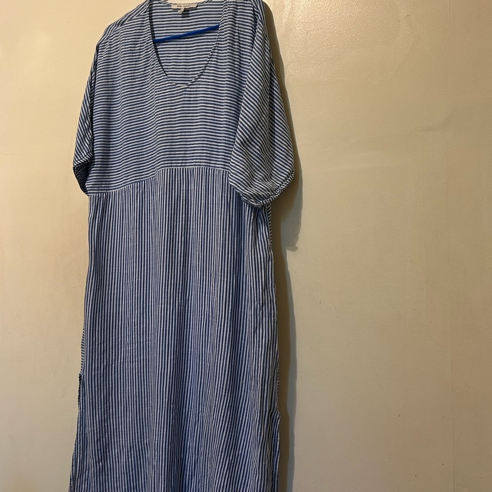 Kate Landry Kaftan  Blue & White Striped Midi Dress L/XL Pockets Side Slits